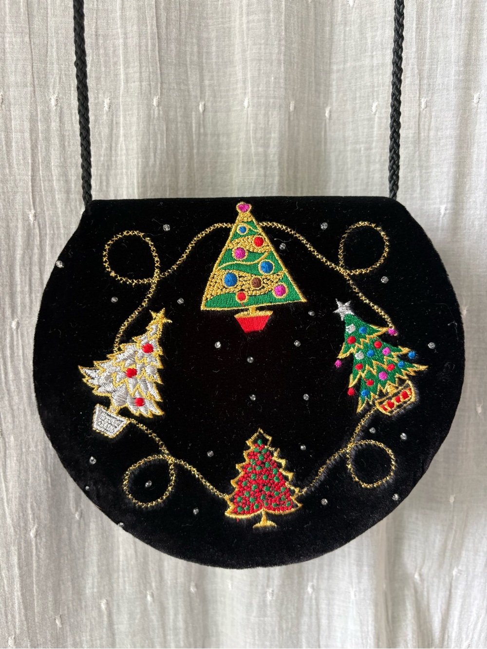 Amanda Smith Black Velvet Crossbody with Embroidered Christmas Theme